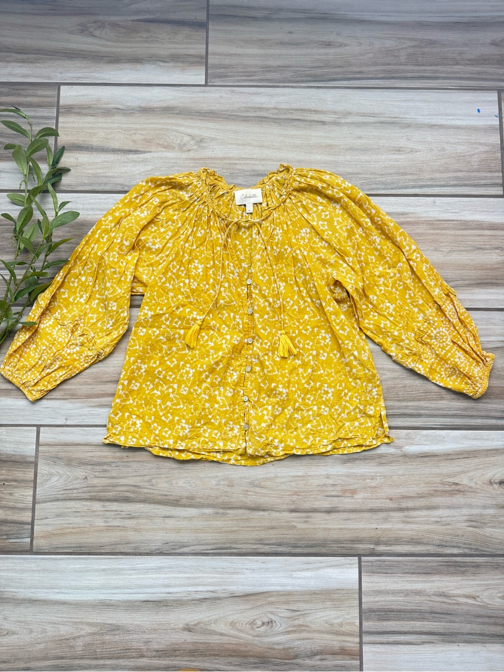 Cleobella Lyra Blouse Medium Mustard Organic Cotton Boho Tassel Peasant Top